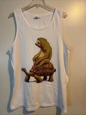 White Tank Top with Green Sloth on Brown Turtle Graphic - Design by Humans